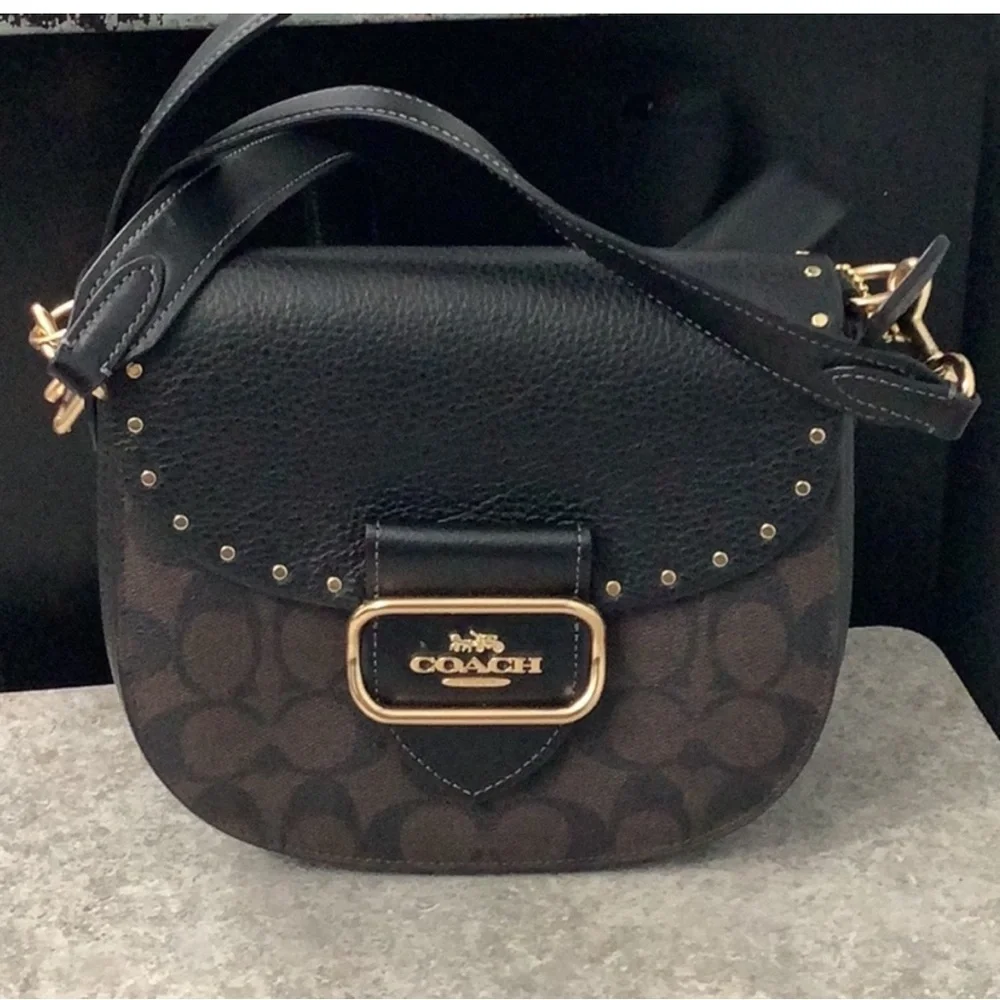 Coach CE567 Morgan Saddle Bag In Colorblock Brown & Black Gold Rivets - NWOT - Picture 5 of 14